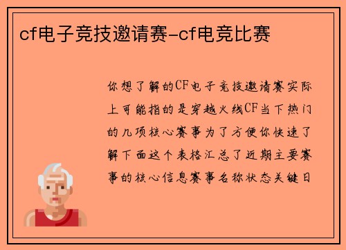 cf电子竞技邀请赛-cf电竞比赛